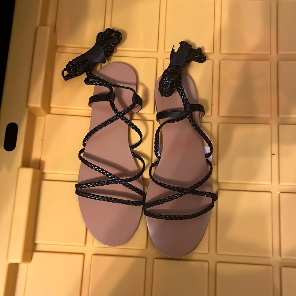 J. Crew Black Braided Lace-Up Flat Sandals